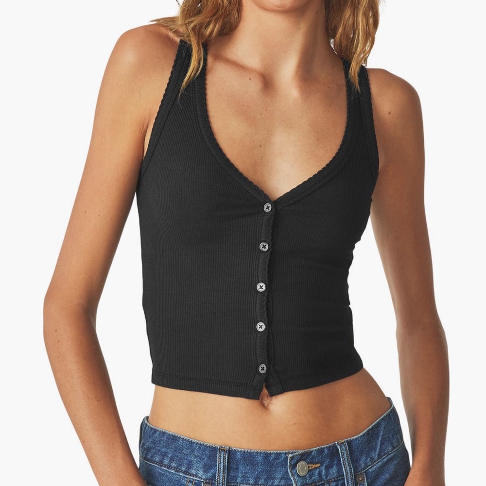 Black Ribbed Button-Front Tank Top